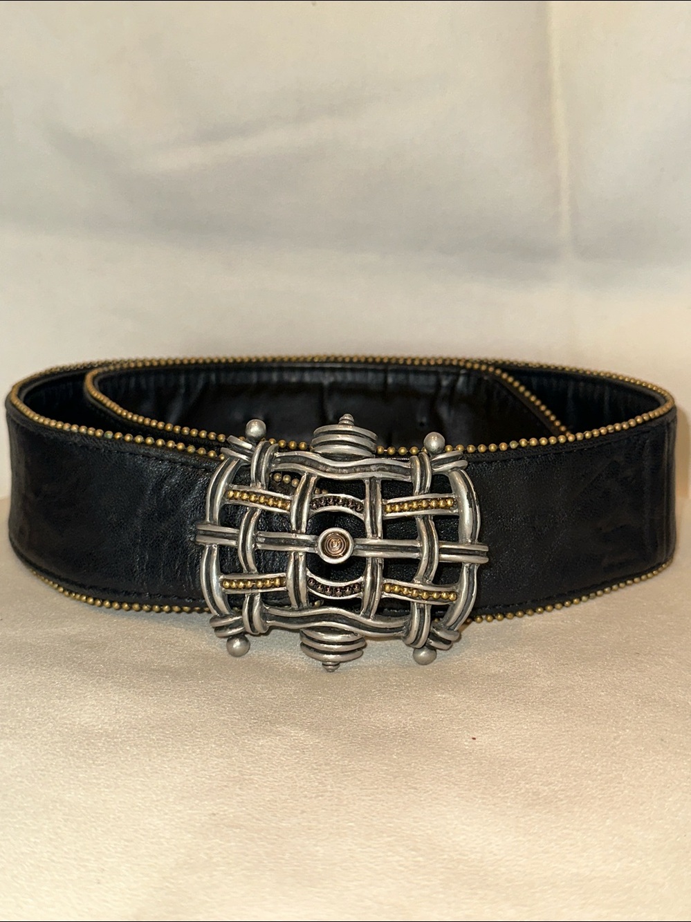 Fahrenheit New York Woven Metal Buckle Black Leather Belt with Bronze Bead Trim
